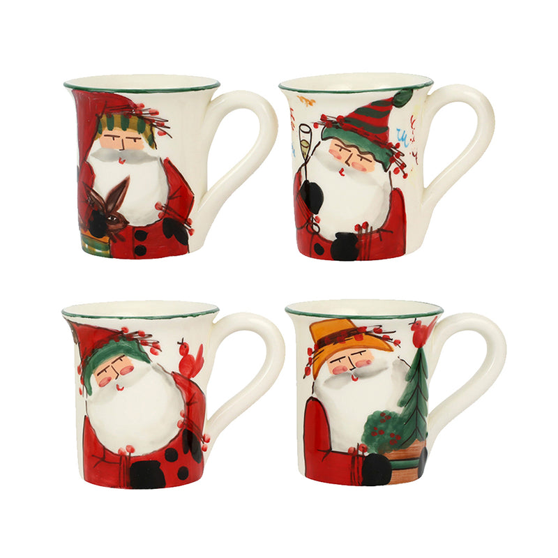 Ceramic anniversary mugs set, four assorted Santa-themed designs with red and green accents