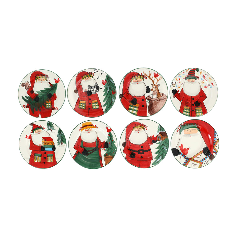 Set of 8 ceramic salad plates with colorful Santa and gift illustrations, assorted designs