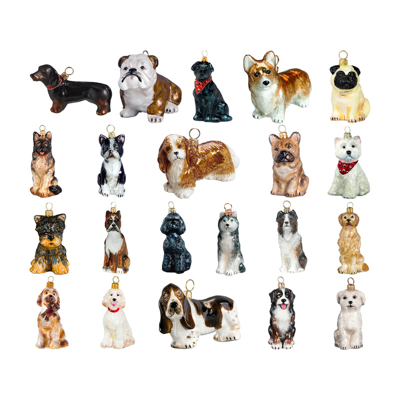 Glass dog ornament set, assorted dog breeds with gold hanging loops