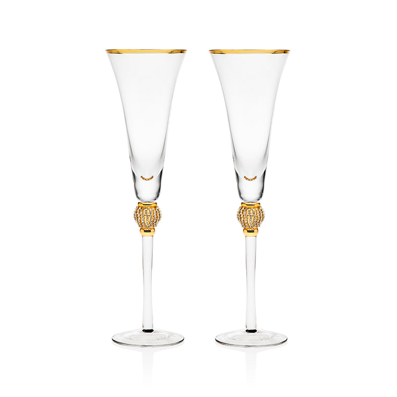 Set of 2 goldtone pave champagne flutes with gold rim band and faceted base