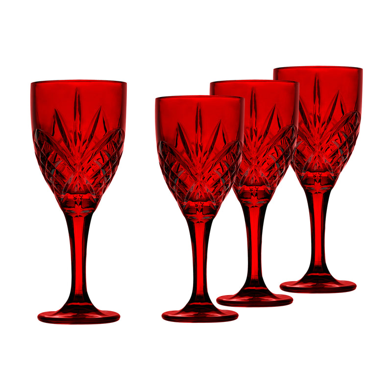Godinger Dublin set of four red goblet glasses, cut diamond pattern, 3/4 view