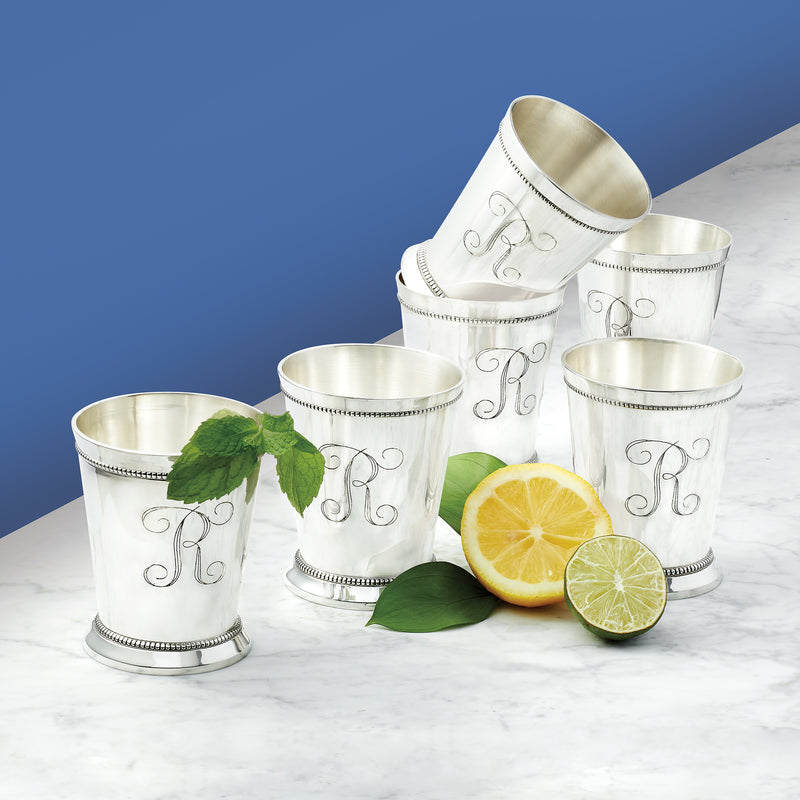 Set of 6 silver plate mint julep cups with engraved monogram and scalloped silver rim