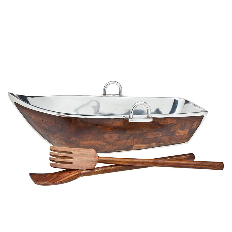 Wooden salad boat serving bowl with fork and spoon, curved shape with metal handles