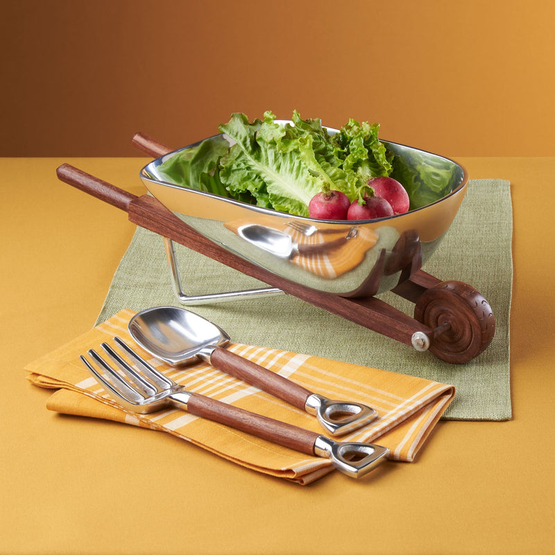 Wooden wheelbarrow salad serving boat with metal bowl and matching fork and spoon set