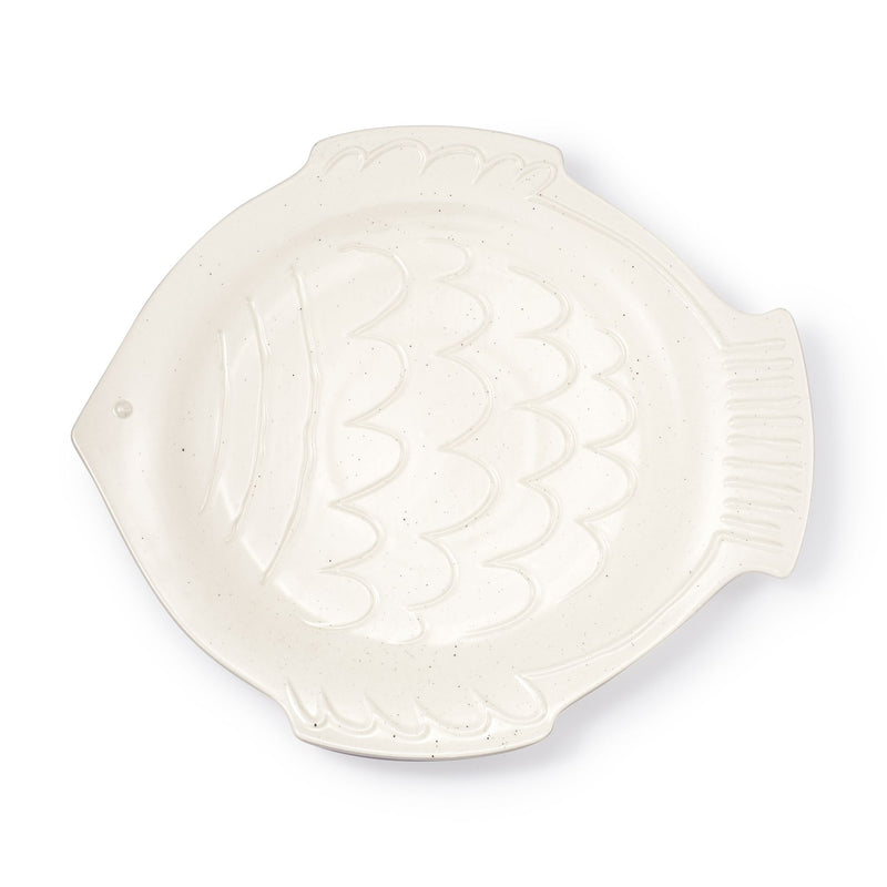 Stoneware fish platter, embossed scales, ivory glaze