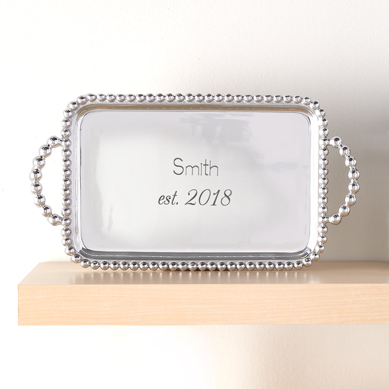 Mariposa personalized rectangular serving tray with silver beaded border, handles, Smith est. 2018