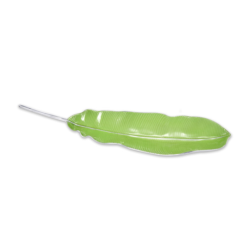 Green enamel banana leaf server with long metal handle