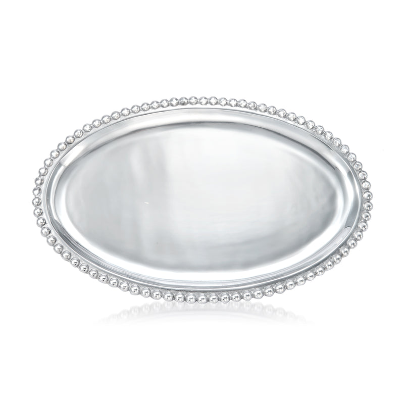 Mariposa pearled large oval serving platter with raised beaded rim, silver-tone finish