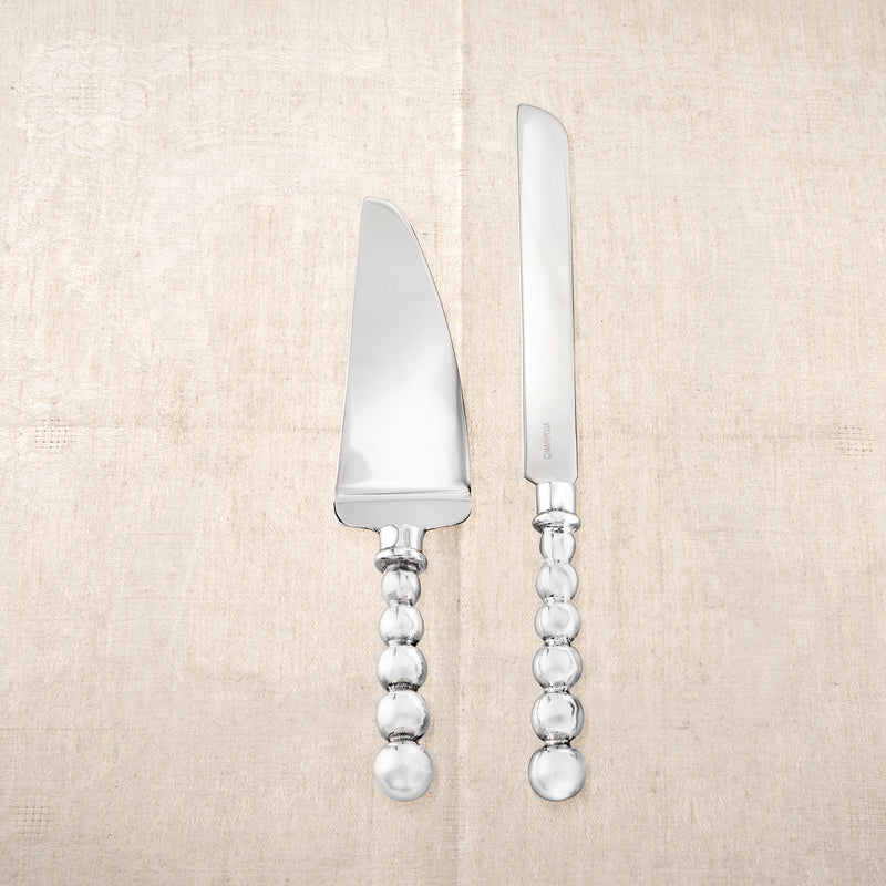 Pearled cake server set with two stainless steel servers, beaded handles and flat blades