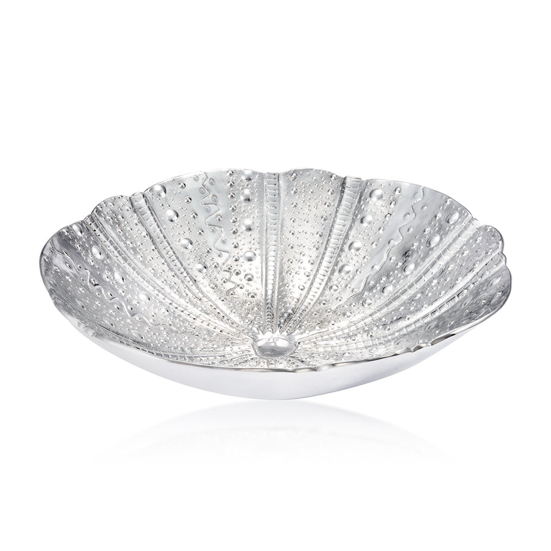 Mariposa sea urchin serving bowl, silver-toned scalloped shell shape with textured ridges