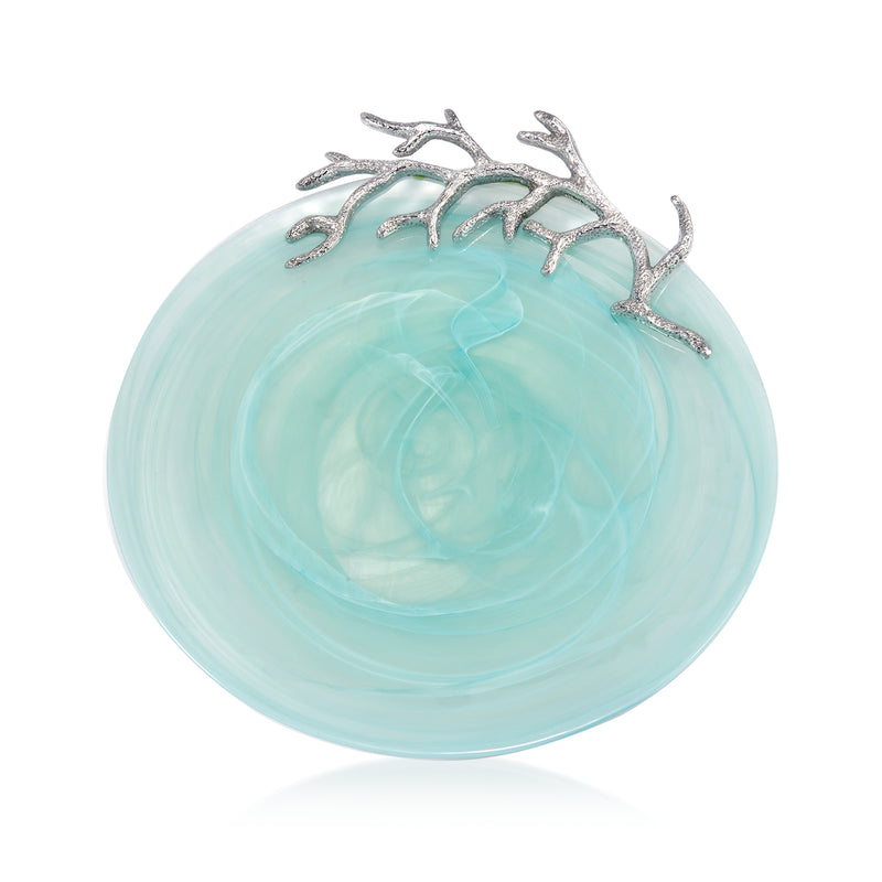 Mariposa Seaside aqua alabaster platter with coral design on rim
