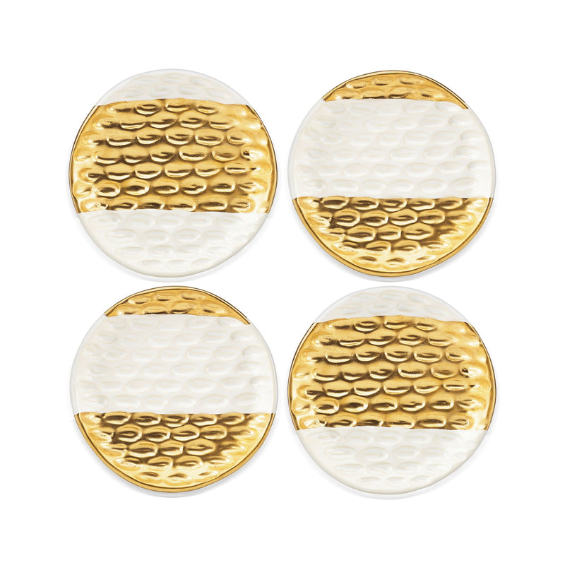 4-piece stoneware canape plates, white with textured gold band and gold-toned fronts