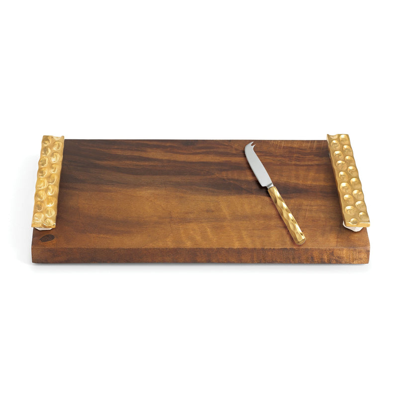 Wooden cheese tray with 24kt gold knife and hammered gold side handles