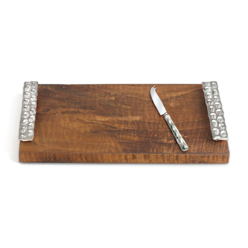 Wooden cheese tray with metal end details and stainless steel cheese knife