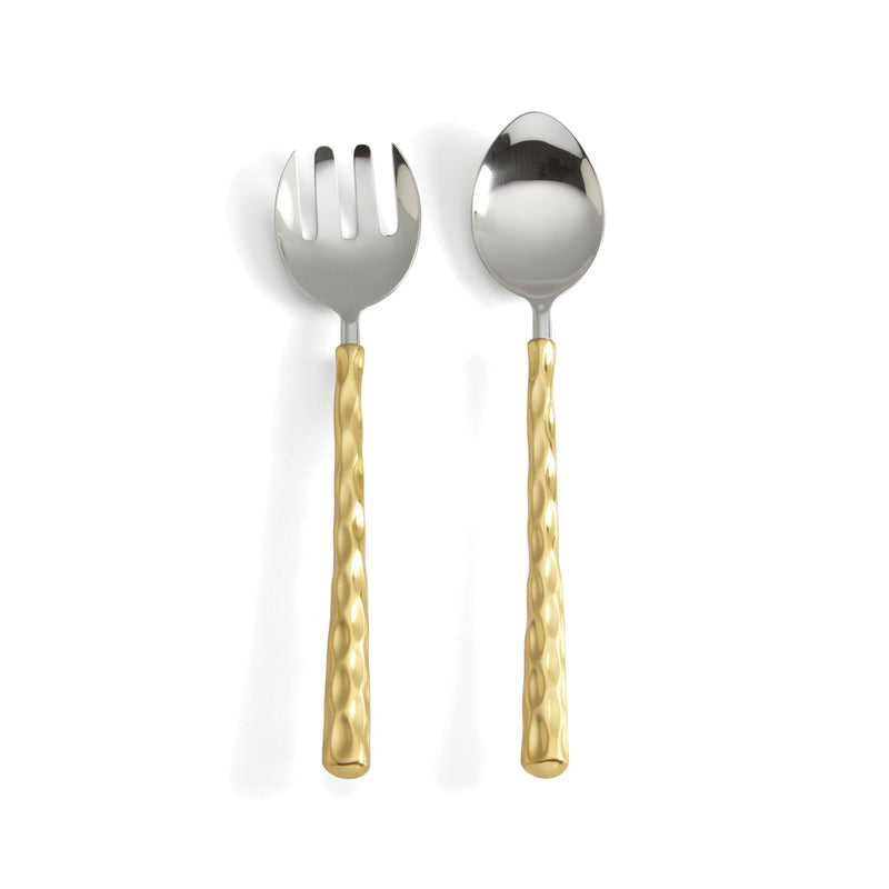 Stainless steel salad servers with gold twisted handles, fork and spoon ends
