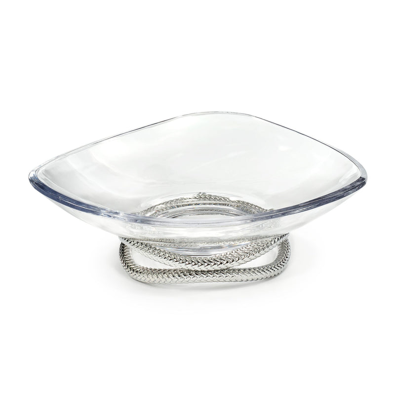 Nambe braid glass centerpiece bowl with blue rim and braided silver base