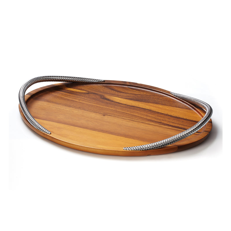 Acacia wood serving tray with braided rope-style handle trim, oval shape