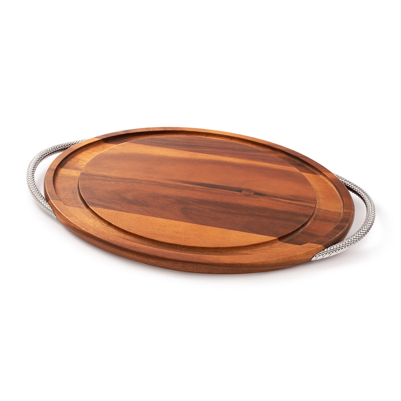 Round acacia wood carving board with chrome plate handles, braided rope-style rim