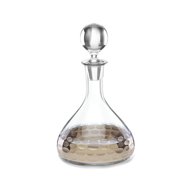 Clear glass decanter with silver-toned stopper and platinum trim, round base