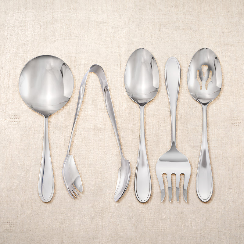 5-piece stainless steel serving utensil set with spoons, fork, and serving spoon