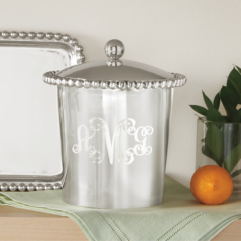Personalized ice bucket with beaded metal rim and lid, silver with etched monogram
