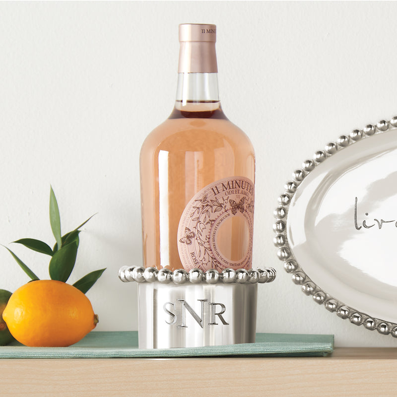 Personalized wine cozy with pearl beaded trim and monogram SNR