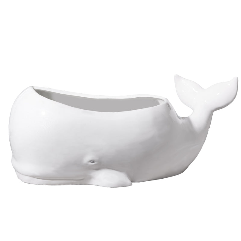 White ceramic beluga whale planter with open top basin