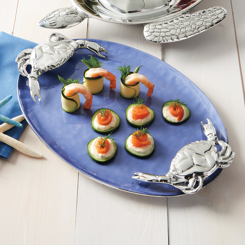 Turtle-shaped chip and dip server with blue oval tray and silver-tone turtle handles