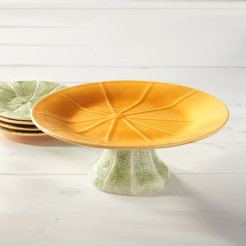 Bordallo Pinheiro Melon cake stand, orange ceramic plate with green base