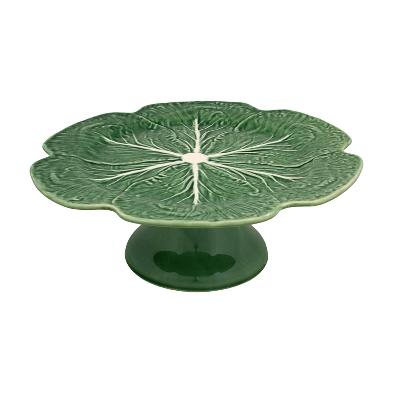 Bordallo Pinheiro cabbage cake stand, green ceramic leaf-textured plate on pedestal base