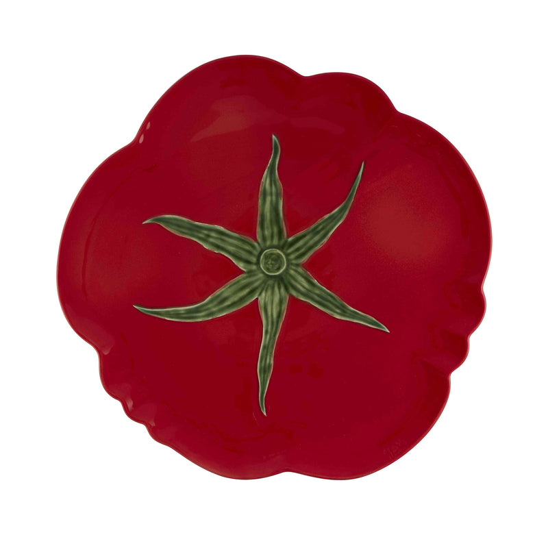 Bordallo Pinheiro tomato dinner plate, red ceramic with green star garnish relief