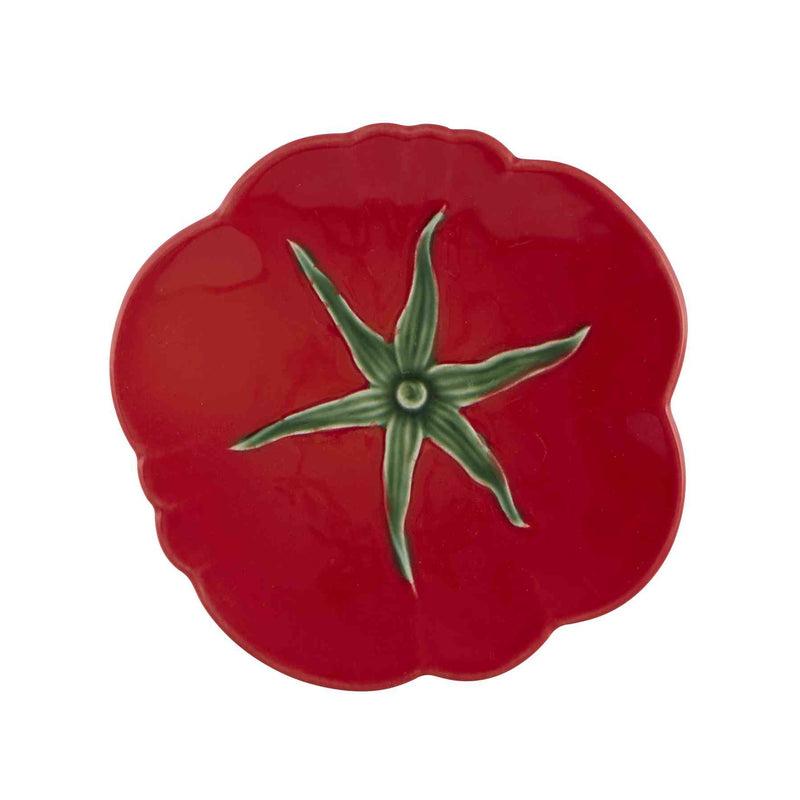 Red salad plate with green tomato vine and star-shaped floral detail