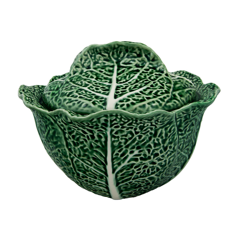 Bordallo Pinheiro cabbage-shaped tureen, green ceramic with molded leaf texture and white stem
