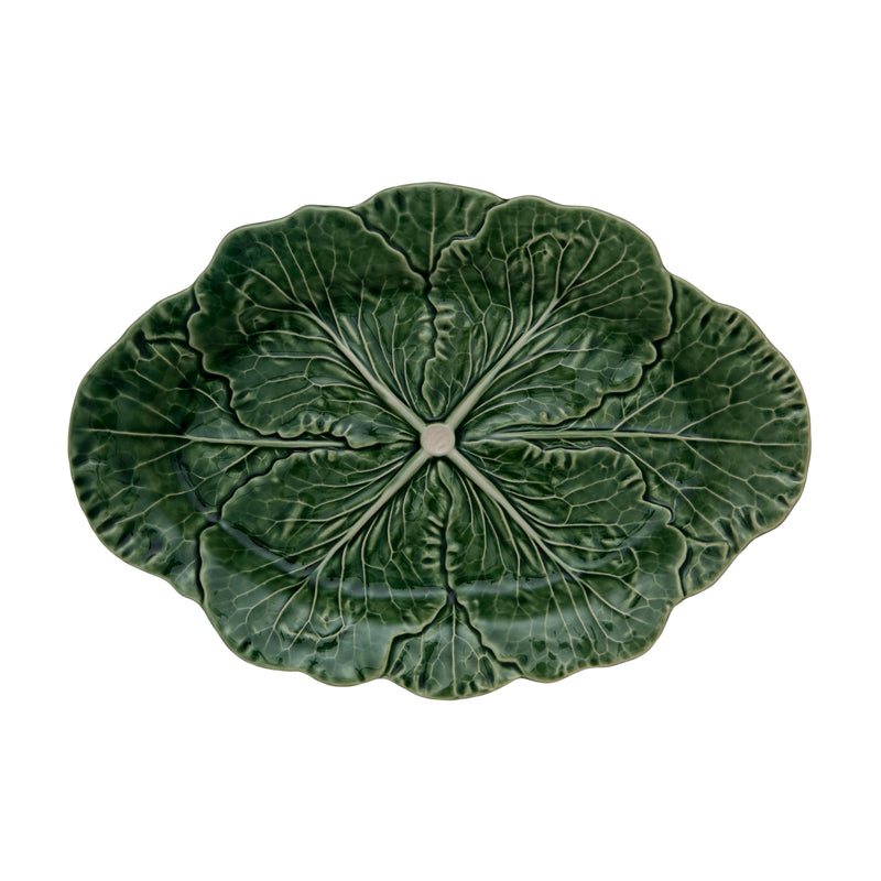 Bordallo Pinheiro cabbage-leaf oval serving platter, deep green with raised leaf veins