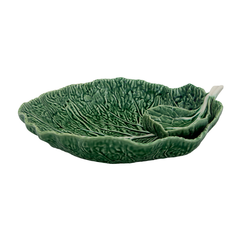 Bordallo Pinheiro cabbage leaf chip and dip bowl, green ceramic