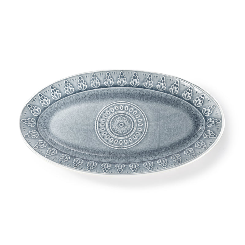 Gray oval ceramic platter with blue floral border and central medallion pattern