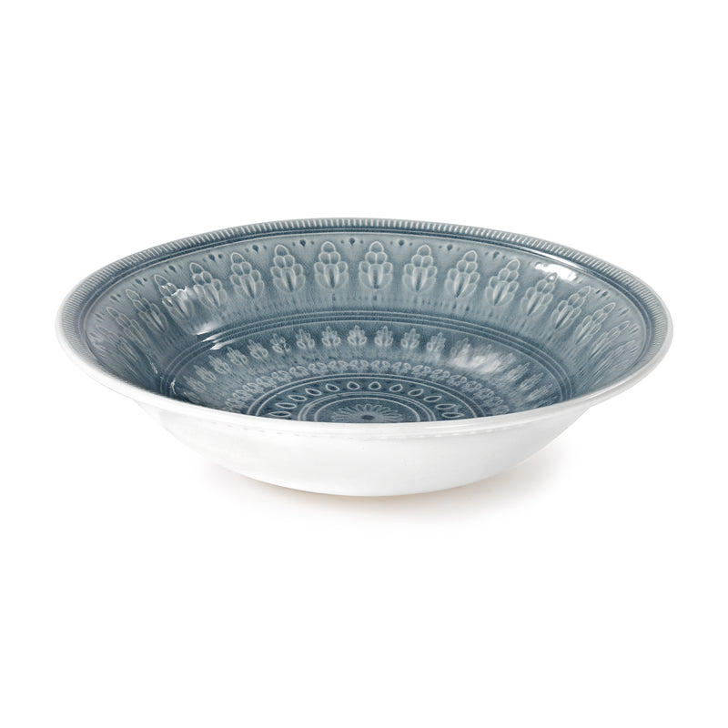 Gray ceramic serving bowl with embossed geometric medallion pattern and round rim