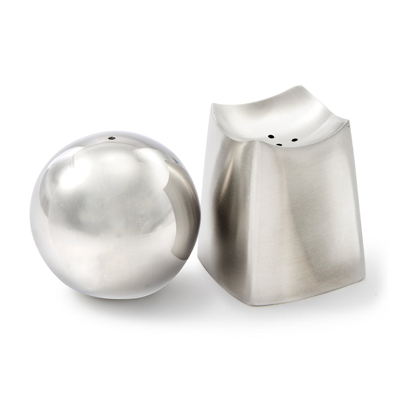 Yamazaki Signature 18/10 stainless steel salt and pepper shakers, one spherical and one boxy