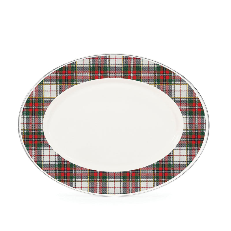 Oval platter with white center and multicolor Highland plaid border in red, green, and black