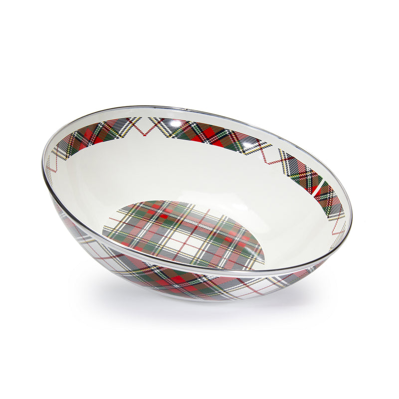 Golden Rabbit plaid serving bowl, white with red green tartan and silver rim
