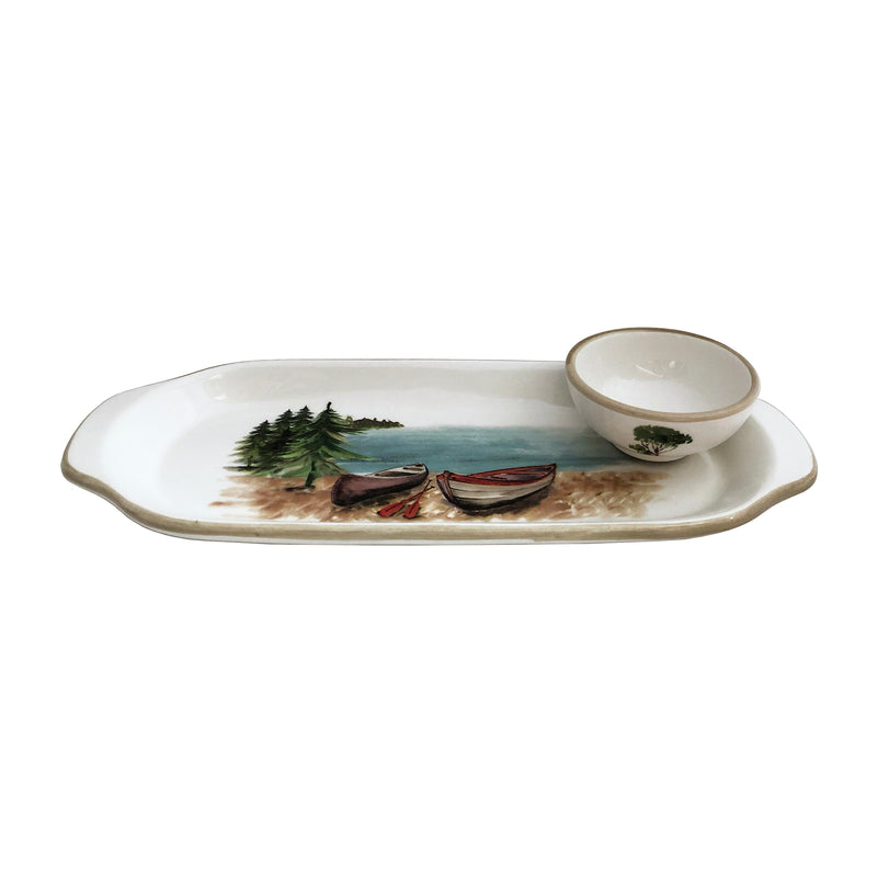 Ceramic narrow serving tray set with mini dipping bowl, lake and boat design