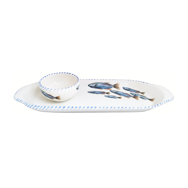 Fish-themed ceramic dipping set: narrow oval tray and mini bowl, white with blue design