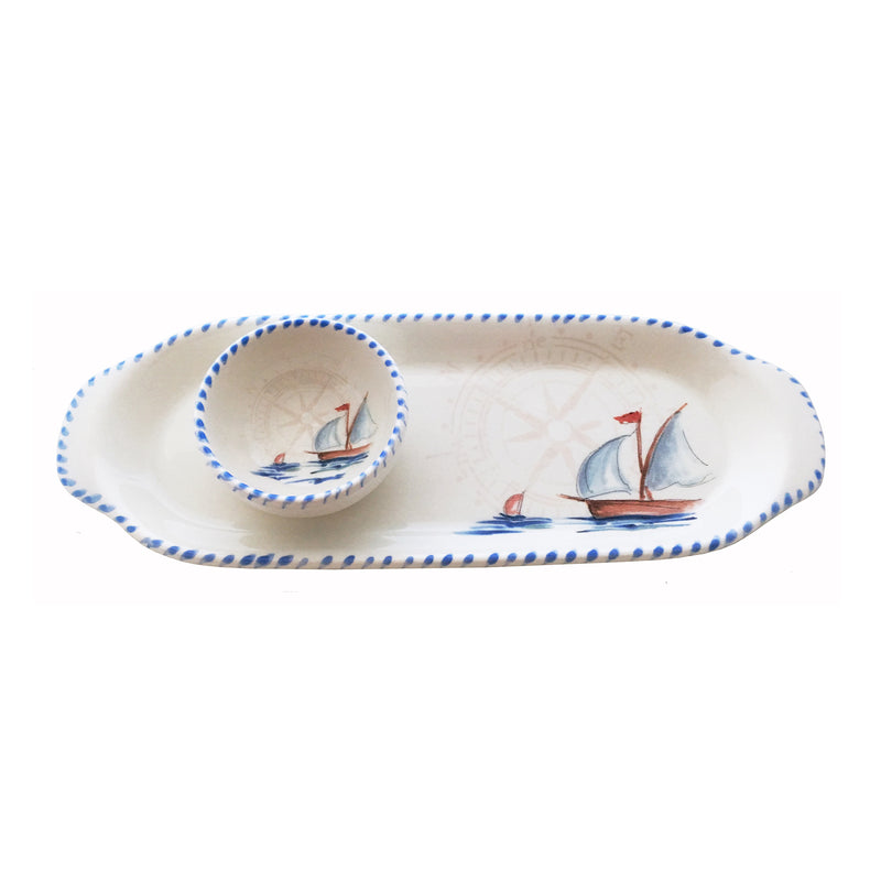 Ceramic sailboat set with narrow tray and mini dipping bowl, white with blue trim