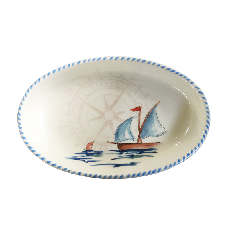 Abbiamo Tutto Italian sailboat ceramic oval bowl, blue trim with sailboat illustration