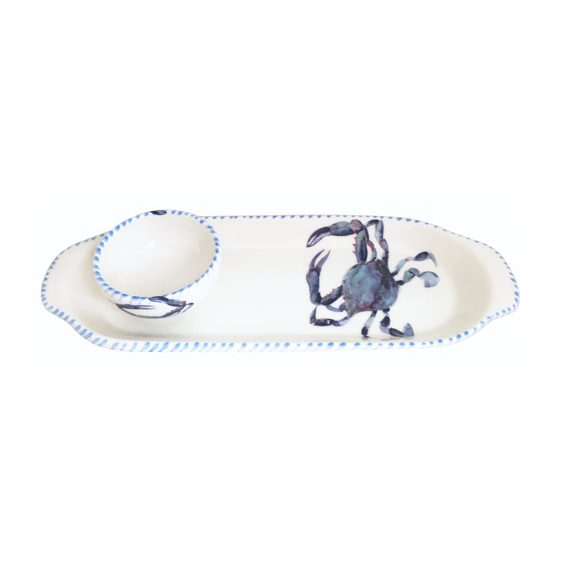 Italian blue crab ceramic narrow tray with mini dipping bowl, white with blue crab design