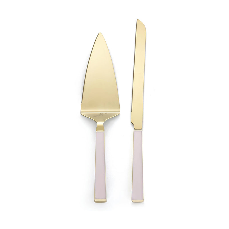 Two-piece stainless steel dessert set with gold-tone blades and pastel handles