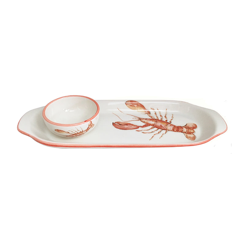 Ceramic lobster dipping set with narrow tray and mini dipping bowl, red trim