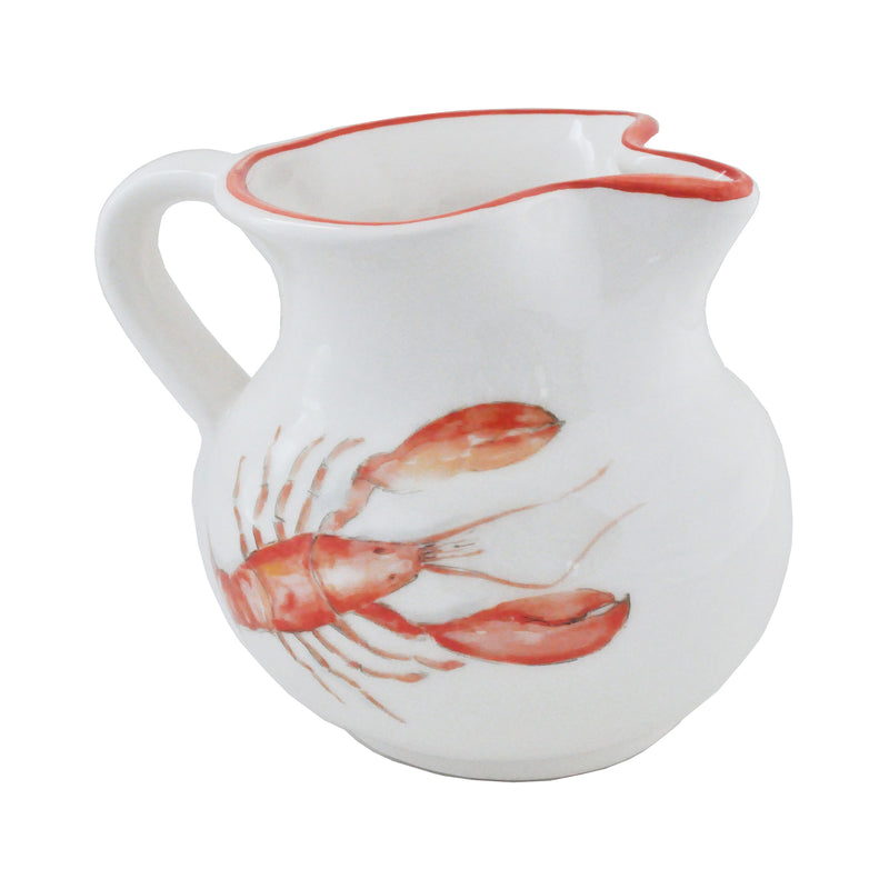 White ceramic pitcher with lobster illustration and curved handle