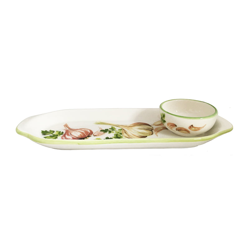 Italian garlic and herb ceramic narrow tray with mini dipping bowl, scalloped edges