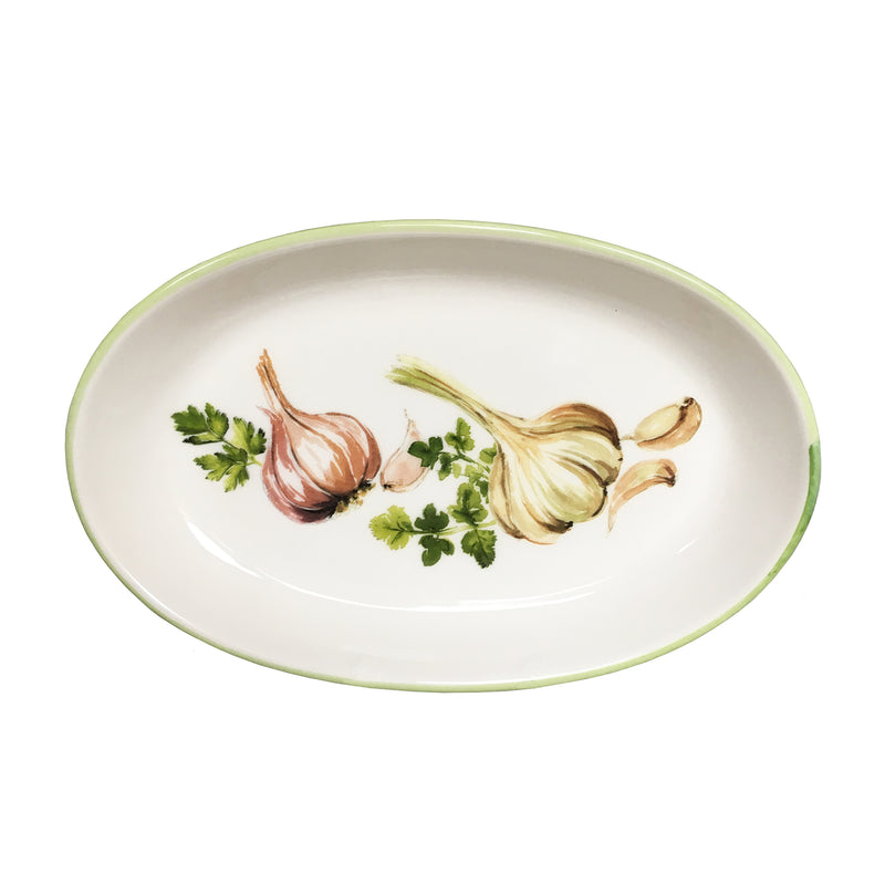Abbiamo Tutto ceramic oval bowl, white with green rim and garlic-herb print